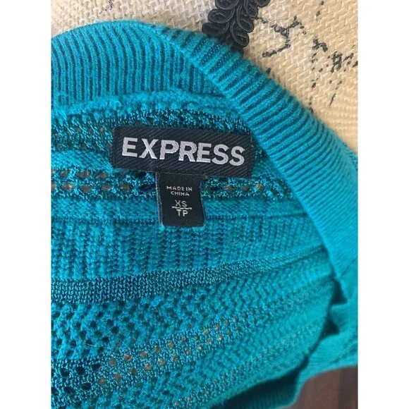 (B-61)‎Express Women’s XS Green Open Knit Sweater Short Sleeve 100% Rayon Lightw - Picture 7 of 9